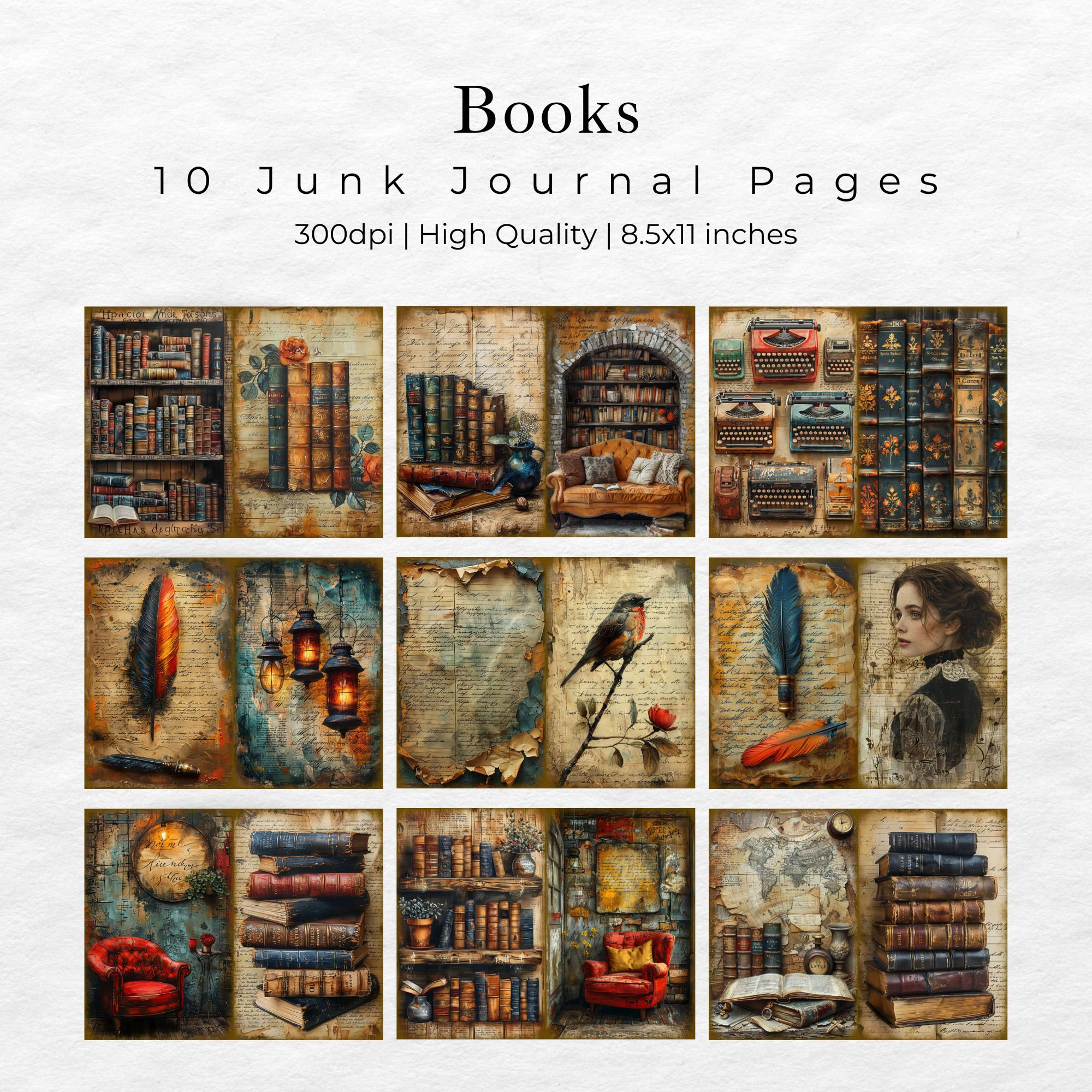 Vintage Books Junk Journal Pages, Digital Scrapbook Paper Kit ...