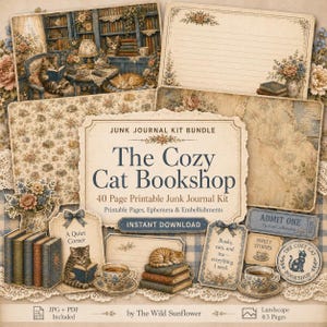 Könnte beinhalten: Ein Junk-Journal-Kit-Bundle mit dem Titel The Cozy Cat Bookshop, das 40 druckbare Seiten, Ephemera und Verzierungen enthält. Die Sammlung umfasst Illustrationen im Vintage-Stil von Katzen, Büchern, Blumenarrangements und linierten Briefpapieren.
