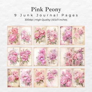 Peut inclure: Neuf feuilles de collage num&eacute;rique avec des pivoines roses sur un fond vintage. Les feuilles mesurent 8,5x11 pouces et 300 dpi.
