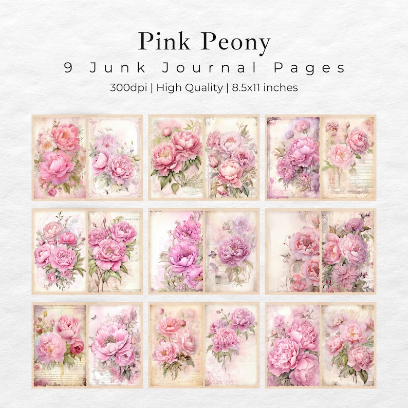 Peut inclure: Neuf feuilles de collage num&eacute;rique avec des pivoines roses sur un fond vintage. Les feuilles mesurent 8,5x11 pouces et 300 dpi.