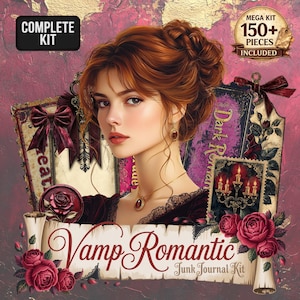 May include: A digital art composition featuring a woman with red hair and a dark dress, surrounded by vintage-style elements. The text "Vamp Romantic Junk Journal Kit" is displayed on a scroll, with additional text indicating a complete kit with over 150 pieces.