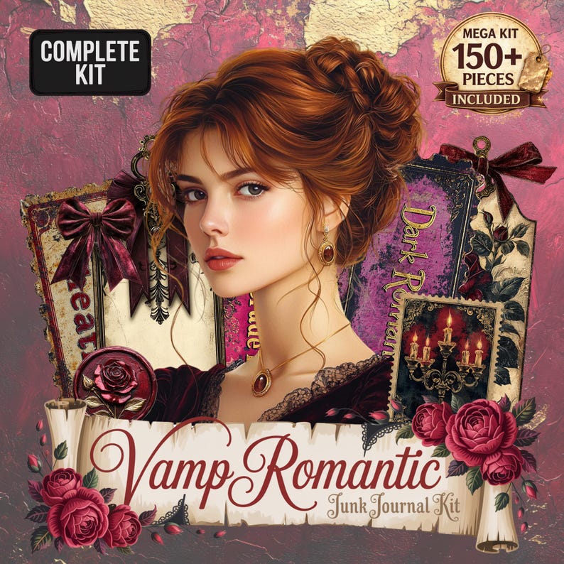 May include: A digital art composition featuring a woman with red hair and a dark dress, surrounded by vintage-style elements. The text "Vamp Romantic Junk Journal Kit" is displayed on a scroll, with additional text indicating a complete kit with over 150 pieces.