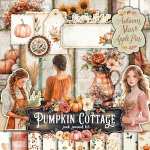Pumpkin Cottage Junk Journal Kit – Fall Autumn Digital Printable Ephemera, Cozy Cottagecore Scrapbook Paper Pack, Vintage Junk Journal