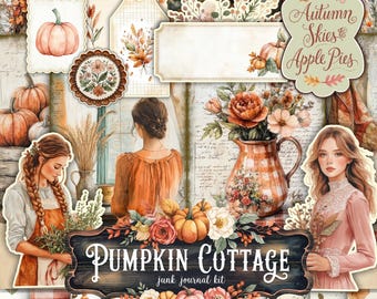 May include: A digital collage featuring a fall theme with pumpkins, sunflowers, and floral arrangements. The words "Pumpkin Cottage" and "Autumn Skies & Apple Pies" are visible. The color palette includes orange, brown, and cream tones, evoking a cozy, autumnal feel.