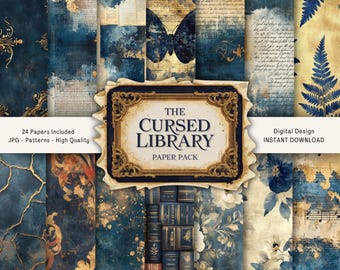 May include: A digital paper pack with 24 high-quality JPG patterns. The pack features a blue and gold color scheme with a variety of designs, including floral patterns, book stacks, and a butterfly. The title of the pack is "The Cursed Library Paper Pack".