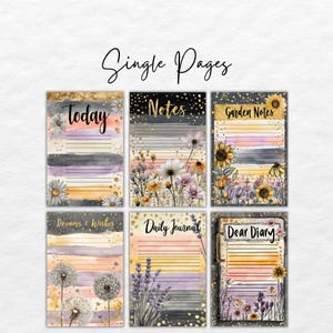 May include: A collection of six single-page journal designs. Each page features a watercolor background with floral accents and text such as "Today," "Notes," and "Garden Notes." The designs incorporate gold foil details and lined spaces for writing.