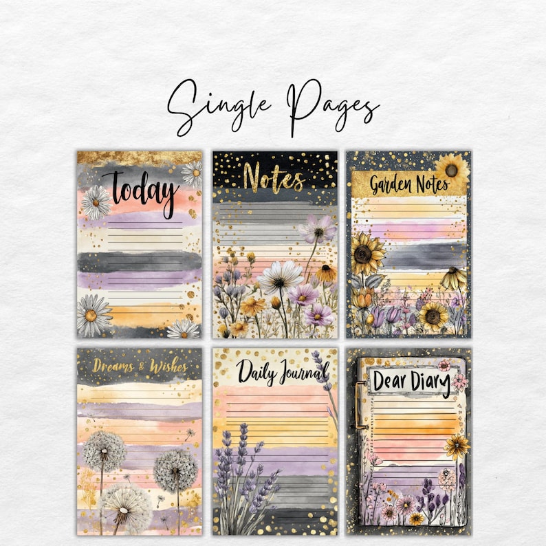 May include: A collection of six single-page journal designs. Each page features a watercolor background with floral accents and text such as "Today," "Notes," and "Garden Notes." The designs incorporate gold foil details and lined spaces for writing.