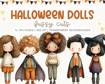 Whimsical Halloween Paper Dolls and Sceneries printable kit junk journal cut off | Dolls journaling supplies Collage | fussy cut doll