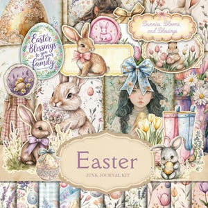 Easter Junk Journal Kit, digitale plakboekkit, afdrukbare bloem, aquarel konijntje, collageblad bloemen, vintage lente download