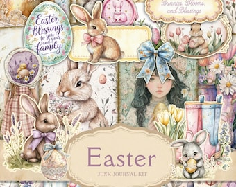 Easter Junk Journal Kit, Digital Scrapbook Paper Kit, Flower Printable, Watercolor Bunny, Floral Collage Sheet, Vintage Spring Download
