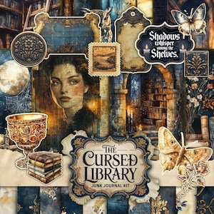 Cursed Library Junk Journal Kit, Printable JPG Pages with Ephemera, Tags, Bookmark, Dark Academia, Old Book Digital Paper, Digital Download