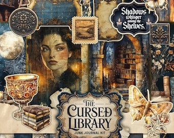 Cursed Library Junk Journal Kit, afdrukbare JPG-pagina's met ephemera, Tags, bladwijzer, Dark Academia, oud boek digitaal papier, digitale download