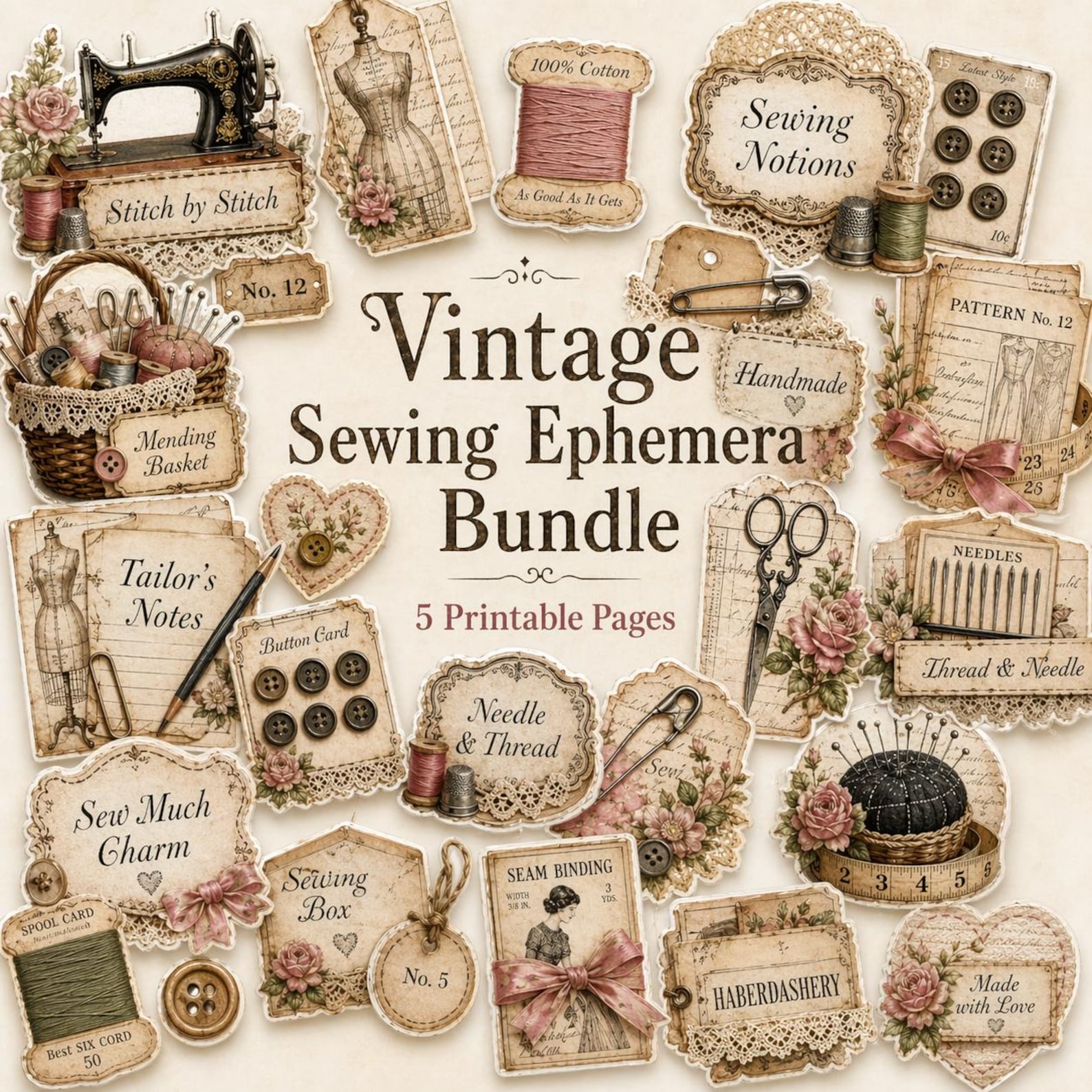 Vintage Sewing Ephemera Bundle, Printable Sewing Notions, Junk Journal ...