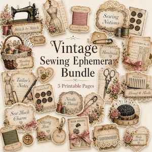 May include: A vintage sewing ephemera bundle featuring various sewing-related elements. Includes a sewing machine, spools of thread, buttons, needles, and tags with text like "Sewing Notions" and "Tailor's Notes." The bundle has a rustic, antique aesthetic.