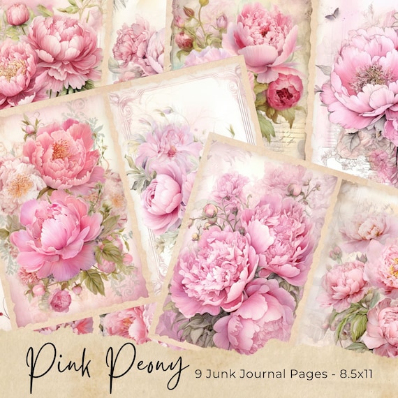 Pink Peonies Junk Journal Pages, Vintage Peony Junk Journal Kit, Junk Journal Printable Paper, Digital Collage Sheet, Instant Download