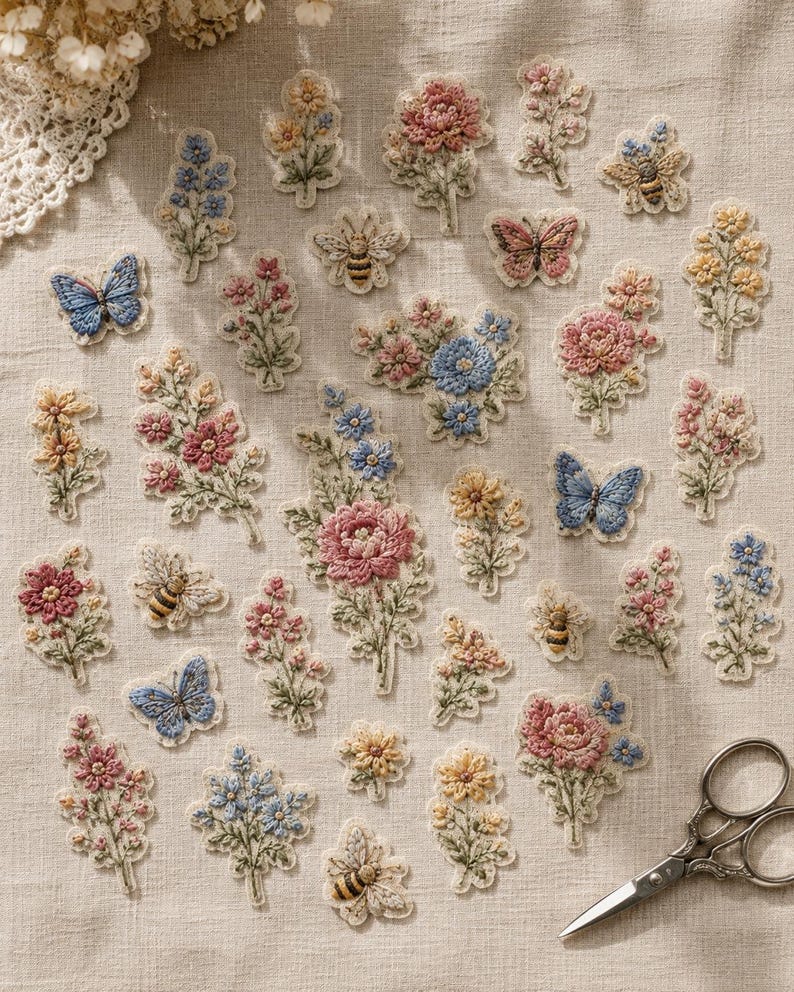May include: A collection of embroidered fabric patches featuring various floral arrangements, butterflies, and bees in shades of pink, blue, yellow, and green. The patches are arranged on a light beige fabric surface next to a pair of metal scissors.