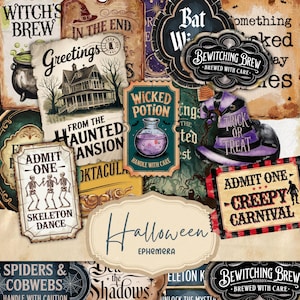 Può includere: Una collezione di etichette stampabili a tema Halloween vintage con disegni e testi inquietanti. Le etichette presentano immagini di un intruglio di strega, una casa infestata, una danza di scheletri, una pozione malvagia, un pipistrello, un cappello di trick or treat e un carnevale inquietante. Il testo sulle etichette include "Witch's Brew", "Haunted Mansion", "Skeleton Dance", "Wicked Potion", "Trick or Treat", "Creepy Carnival" e "Bewitching Brew".