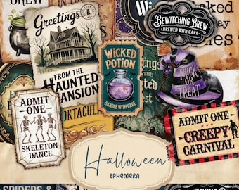 Vintage Halloween Labels Digital, Distressed Numbers, Labels, Ephemera, Junk Journal Embellishments, Numbers Digital, Embellishment download