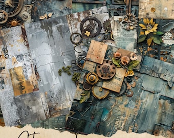 Steampunk Junk Journal Pages, Digital Industrial Paper, Victorian Printable, Digi Collage Sheet, Mechanical Scrapbook Kit, Vintage Ephemera
