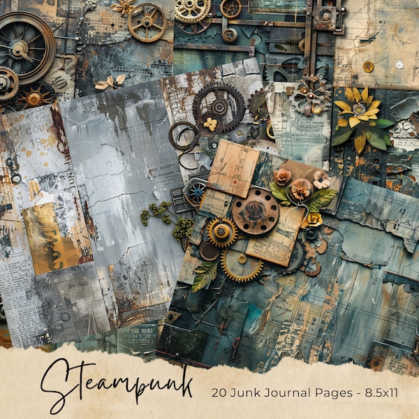 Steampunk Junk Journal Pages, Digital Industrial Paper, Victorian Printable, Digi Collage Sheet, Mechanical Scrapbook Kit, Vintage Ephemera