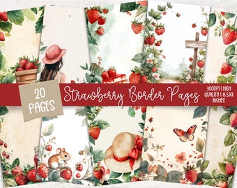 Jordgubbs-skräpjournalkit, vintage-sidor med fruktskräpjournal, utskrivbart papper för trädgårdsskötsel, digitalt collageark