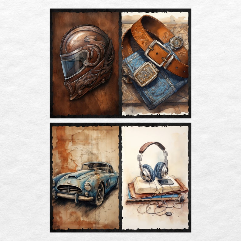May include: A collage of four images featuring a vintage motorcycle helmet, a leather belt with a buckle, a classic car, and a pair of headphones on a stack of books.