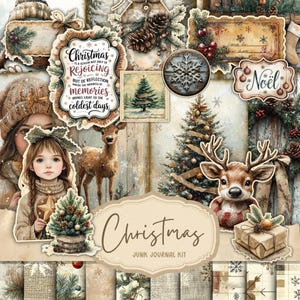 Christmas Junk Journal Kit, Vintage Merry Christmas Junk Journal Pages, Santa Scene Junk Journal Printable Paper, Digital Collage Sheet
