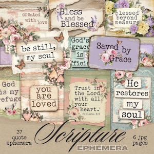 Scripture Scraps Junk Journal Ephemera, Shabby Chic Printable Floral Bible Verse Christian Snippets, Faith-Based Kit