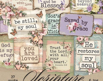 Scripture Scraps Junk Journal Ephemera, Shabby Chic druckbare Blumen Bibel Vers Christian Snippets, Faith-Based Kit