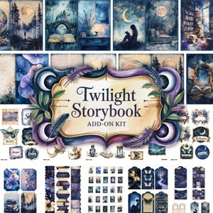 Kit d&#39;ajout de journal indésirable Twilight Storybook, Pages JPG imprimables avec éphémères, étiquettes, marque-page, Dark Academia, vieux livre papier numérique