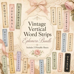 May include: A collection of vintage-style vertical word strips in various colors, including beige, pink, and blue. The words include "Memories," "Journal," and "Remember." The image also features a decorative bow and the text "Vintage Vertical Word Strips Ephemera Bundle."