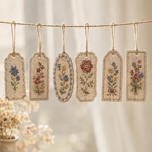May include: Six rectangular and oval linen tags hanging from a twine string, each featuring detailed floral embroidery in various colours including blue, red, yellow, and green. The tags have stitched edges and small loops at the top for hanging.