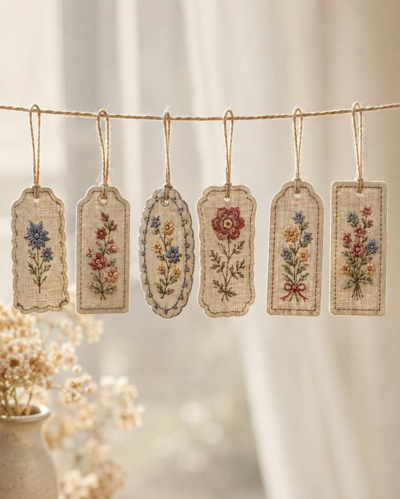 May include: Six rectangular and oval linen tags hanging from a twine string, each featuring detailed floral embroidery in various colours including blue, red, yellow, and green. The tags have stitched edges and small loops at the top for hanging.