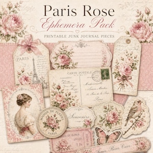 Pack d'éphémères roses de Paris, pièces imprimables de journal indésirable, étiquettes florales vintage, cartes postales, étiquettes, téléchargement numérique
