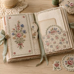 May include: An open fabric-covered scrapbook featuring intricate floral embroidery on the cover and interior pages. The book includes pockets, lace trim, green ribbon ties, and small circular embroidered floral patches on the pages.