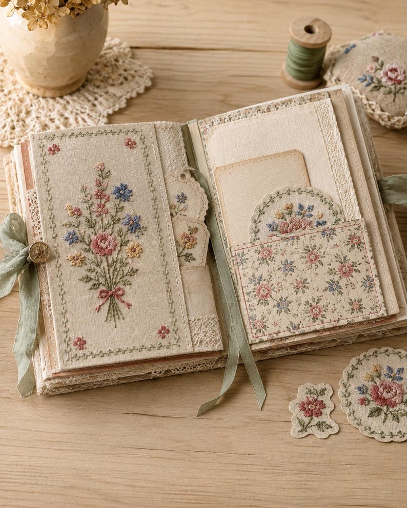 May include: An open fabric-covered scrapbook featuring intricate floral embroidery on the cover and interior pages. The book includes pockets, lace trim, green ribbon ties, and small circular embroidered floral patches on the pages.