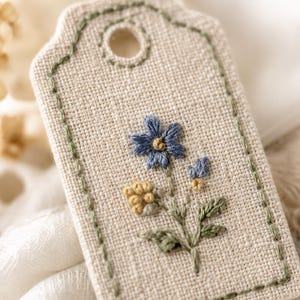 May include: A rectangular beige fabric gift tag with rounded top corners and a circular hole at the top. The tag features a green stitched border and a central hand-embroidered floral design with a blue flower, yellow buds, and green leaves.