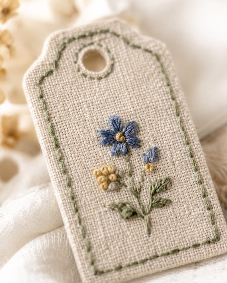 May include: A rectangular beige fabric gift tag with rounded top corners and a circular hole at the top. The tag features a green stitched border and a central hand-embroidered floral design with a blue flower, yellow buds, and green leaves.
