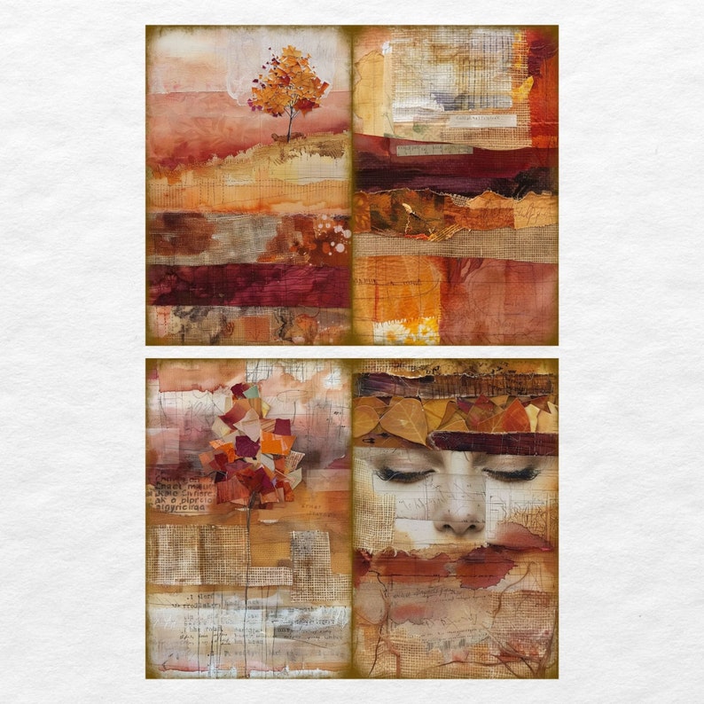 May include: A collage of mixed media artwork featuring a tree with orange leaves, a woman's face with closed eyes, and a variety of textures and patterns. The artwork is in shades of brown, orange, and red.