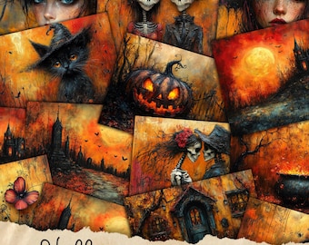 Halloween Junk Journal Pages, Digital Scrapbook Paper Kit, Spooky Gothic Printable, Vintage Ephemera, Pumpkin Collage Sheet, Grimoire BOS