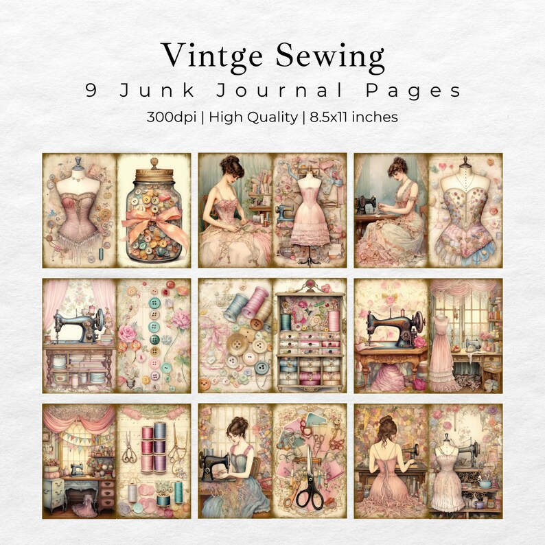 Vintage Sewing Junk Journal Pages, Digital Scrapbook Paper Kit ...