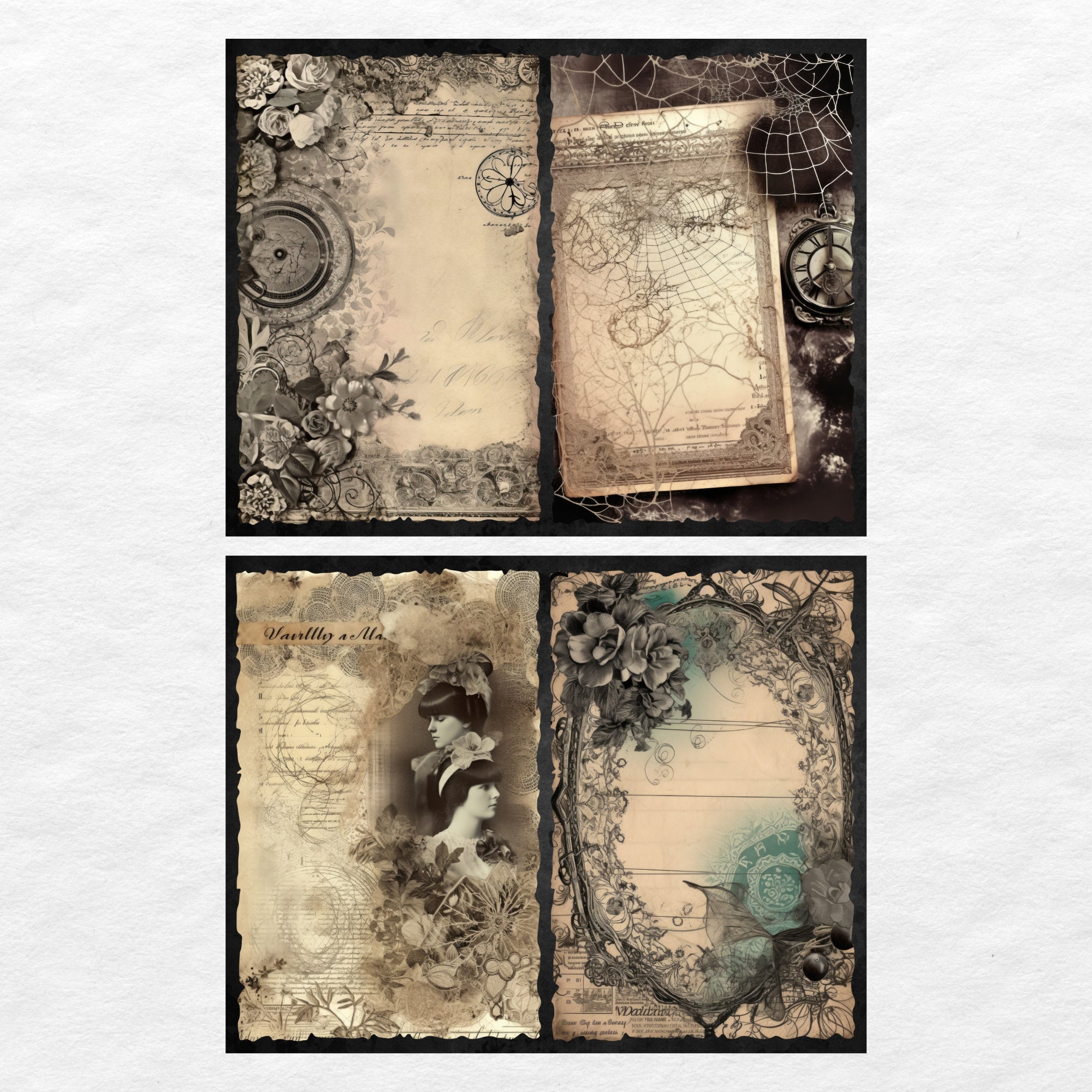 Dark Floral Junk Journal Pages, Digital Scrapbook Paper Kit, Victorian ...