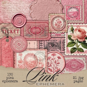 Può includere: Un collage di efemeridi rosa, tra cui biglietti, francobolli, etichette e un sigillo di cera. Il design presenta elementi floreali e vintage, con la parola "Pink" e "Ephemera" in un carattere script. L'immagine include anche il testo "130 pink ephemera" e "21 jpg pages".