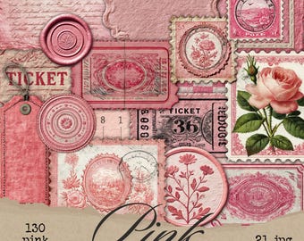 Pink Ephemera Labels, Vintage Labels, Junk Journal, Fussy Cuts, Specimen Label, Label Ephemera, Stamp Number, Printable Ephemera, Grunge