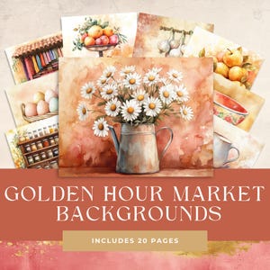 Strony dziennika Golden Hour Market Junk – przytulne wieczorne projekty do wydrukowania inspirowane targiem z rustykalnymi straganami, kwiatami i żywymi drobiazgami