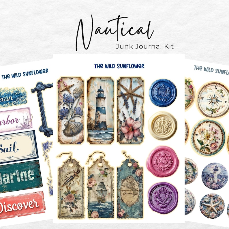 May include: A digital junk journal kit with a nautical theme. The kit includes images of a lighthouse, seashells, a compass, a ship, and a starfish. The kit also includes several decorative tags and wax seals.