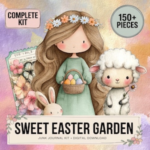 May include: Digital download image with a girl wearing a flower crown, holding a basket of Easter eggs, alongside a lamb and a bunny. The image includes the text "Sweet Easter Garden" and "Complete Kit" with "150+ Pieces".