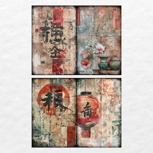 May include: A collage of vintage paper with Chinese characters and imagery. The top section features a red and black Chinese character, a white flower, and two blue and white porcelain vases. The bottom section features a red and black Chinese character, a red and black lantern with the Chinese character "Spring" on it, and a red and black circle with the Chinese character "Prosperity" on it.