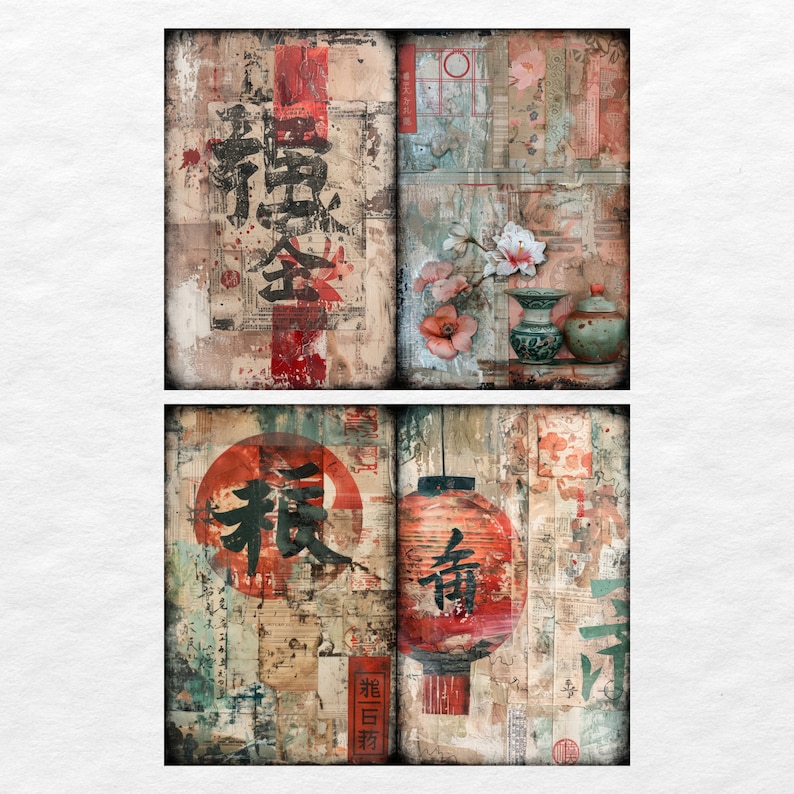 May include: A collage of vintage paper with Chinese characters and imagery. The top section features a red and black Chinese character, a white flower, and two blue and white porcelain vases. The bottom section features a red and black Chinese character, a red and black lantern with the Chinese character "Spring" on it, and a red and black circle with the Chinese character "Prosperity" on it.