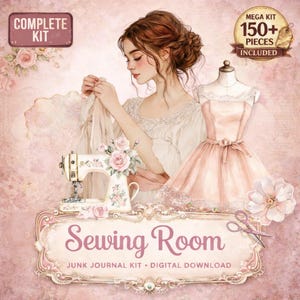 May include: Digital illustration of a woman sewing, featuring a vintage sewing machine and a dress form. The image includes the text "Sewing Room" and "Complete Kit," with a banner that says "Mega Kit 150+ Pieces Included." The colour scheme is soft pink and cream.